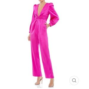 Mac Duggal Fuchsia Pink Satin Front Twist Deep V Neck Jumpsuit 8 NWT Long Sleeve